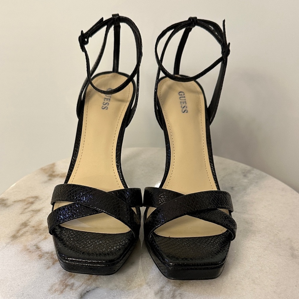 GUESS Black Strappy Platform Ankle-Strap Heels
